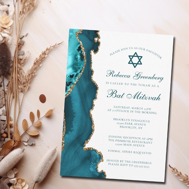 Invitación Fiesta de Bat Mitzvah Chic Turquesa Oro Ágata (Subido por el creador)