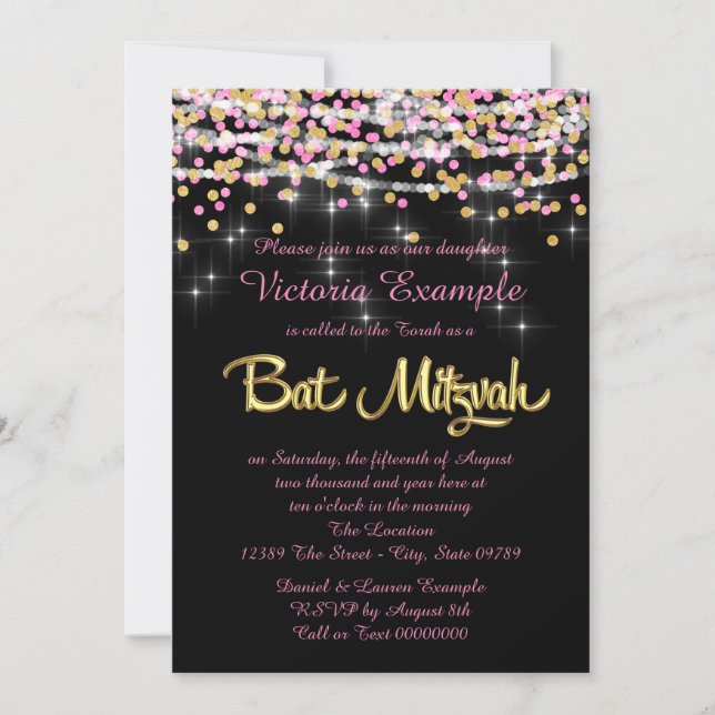 Invitación Fiesta de Bat Mitzvah con confeti rosa y dorado (Anverso)