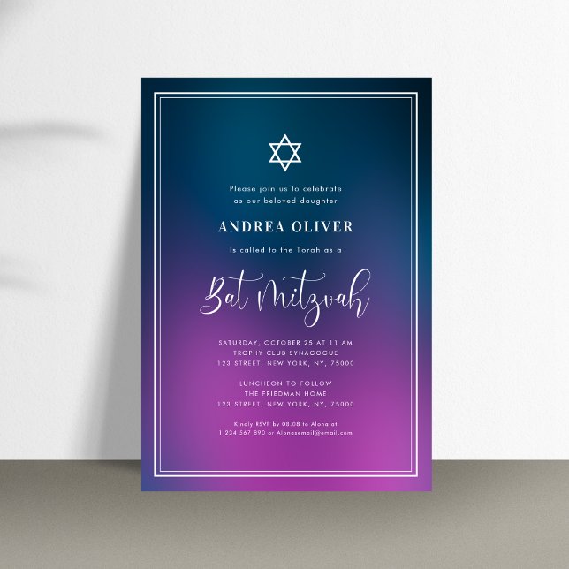 Invitación Fiesta de Bat Mitzvah con gradiente morado y azul  (Subido por el creador)