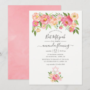 Invitación Fiesta de Bat Mitzvah de peonías acuarela rosa pas