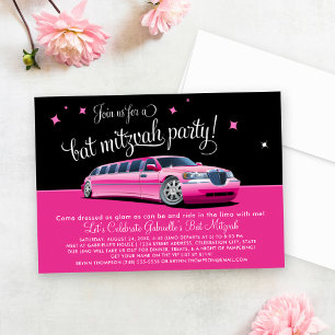 Invitación Fiesta de Bat Mitzvah en Limo Rosa Glamour