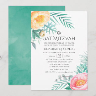 Invitación Fiesta de Bat Mitzvah floral tropical de menta de