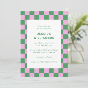 Invitación Fiesta de Bat Mitzvah Rosa Verde Moderno Cuadro
