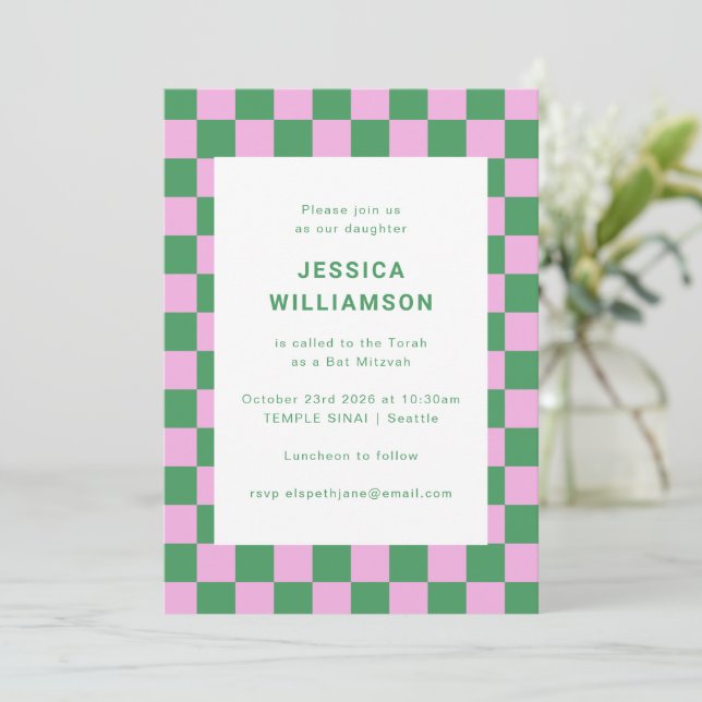 Invitación Fiesta de Bat Mitzvah Rosa Verde Moderno Cuadro (Anverso de pie)