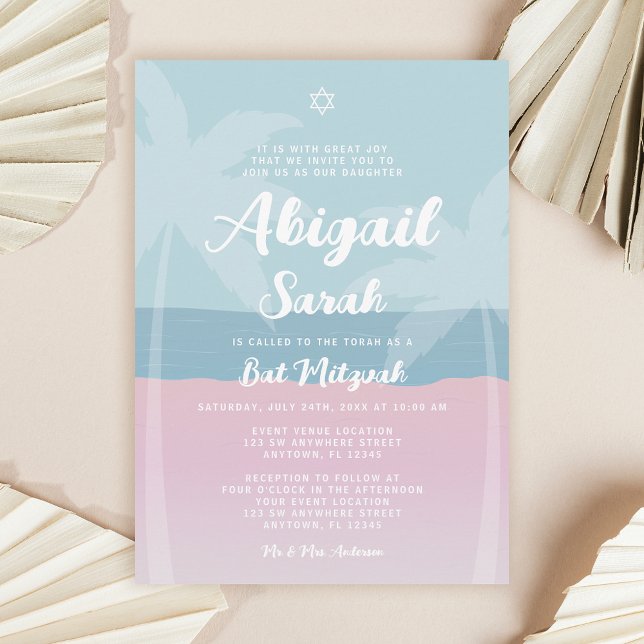 Invitación Fiesta de Bat Mitzvah Tropical de Palma Azul Rosa (Subido por el creador)