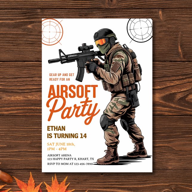 Invitación Fiesta de batalla de Airsoft Gear Up Cumpleaños (Gear Up" Airsoft Battle Party Birthday Invitation
)