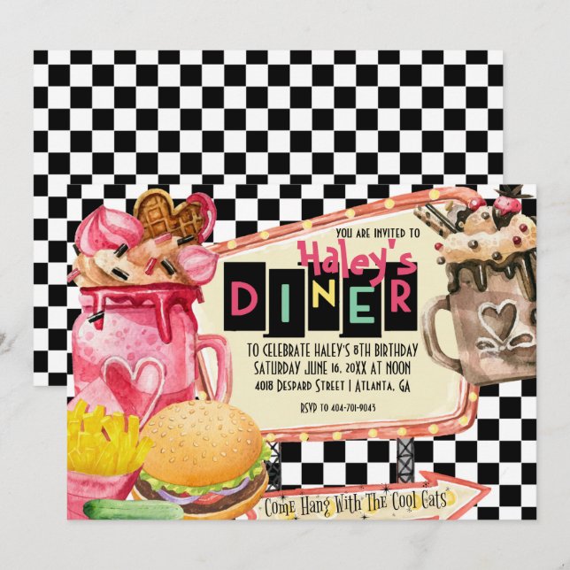 Invitación Fiesta de batidos de diner de los 50 (Anverso / Reverso)
