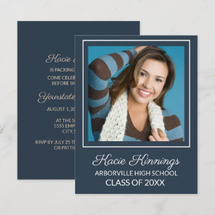 Invitación Fiesta de baúl de fotos azul marino y blanco