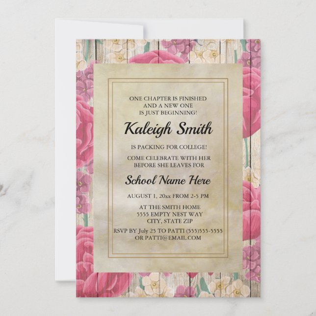 Invitación Fiesta de baúl de madera rústica con flores rosada (Anverso)