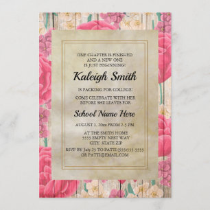 Invitación Fiesta de baúl de madera rústica con flores rosada