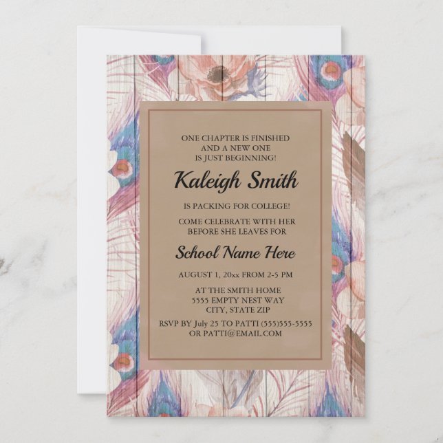 Invitación Fiesta de baúl marrón rosa boho floral y rústico d (Anverso)