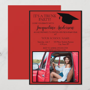 Invitación Fiesta de baúl universitario de fotos rojo y negro