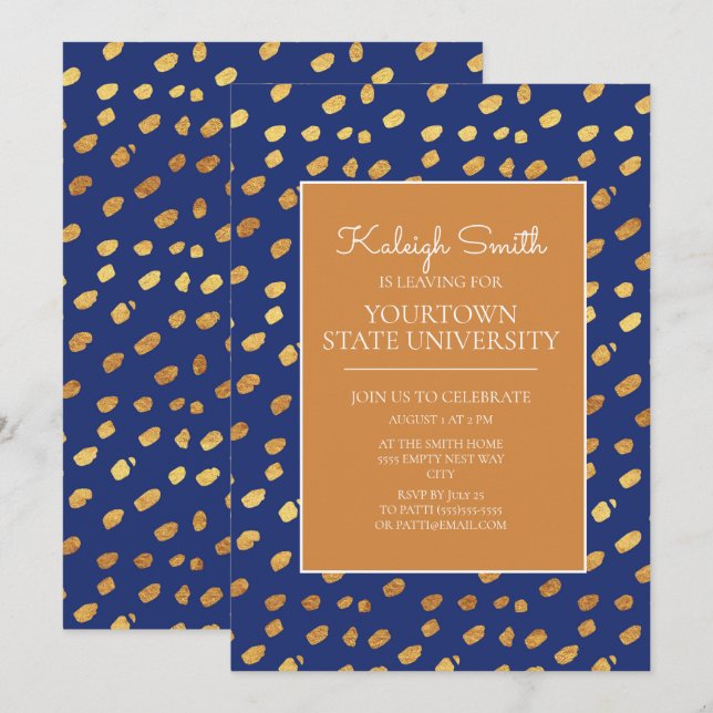 Invitación Fiesta de Baúl Universitario Moderno Azul Dorado (Anverso / Reverso)