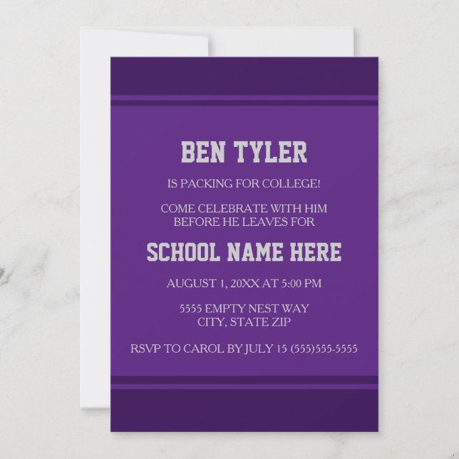 Invitación Fiesta de baúl universitario morado y blanco moder (Anverso)