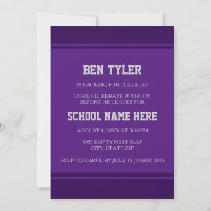 Invitación Fiesta de baúl universitario morado y blanco moder