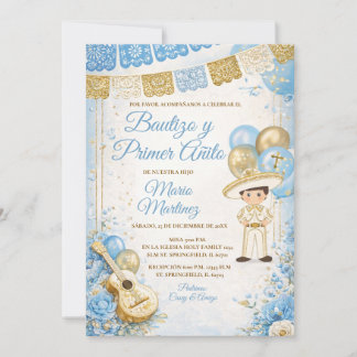 Invitación Fiesta de bautizo y primer añito de niño español a