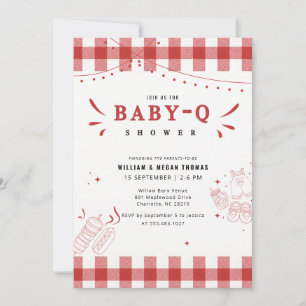Invitación Fiesta de BBQ de bebé de Gingham Rojo Rústico Baby