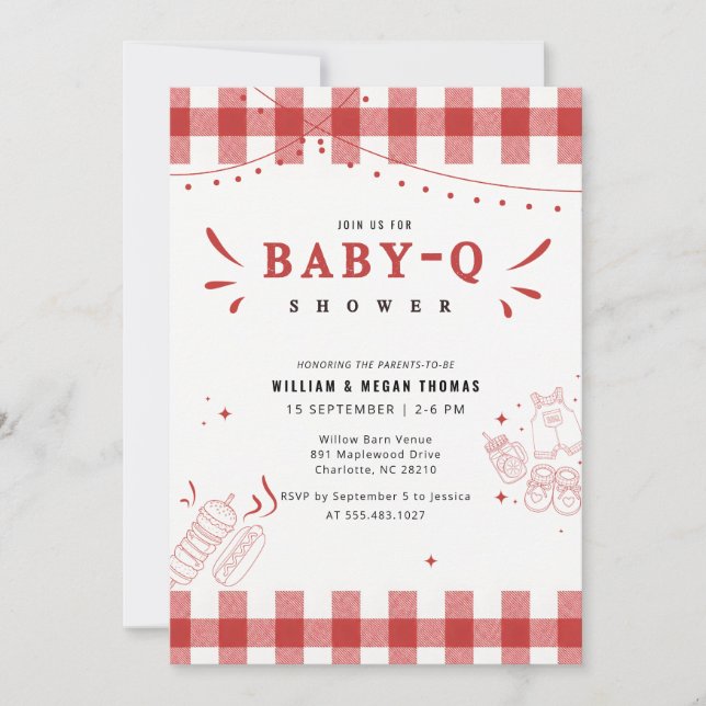 Invitación Fiesta de BBQ de bebé de Gingham Rojo Rústico Baby (Anverso)