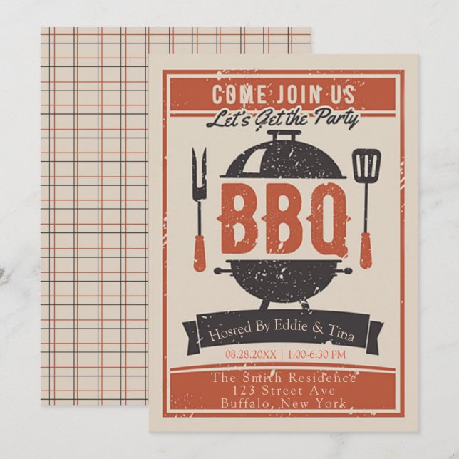 Invitación Fiesta de BBQ de crema naranja navy (Anverso / Reverso)