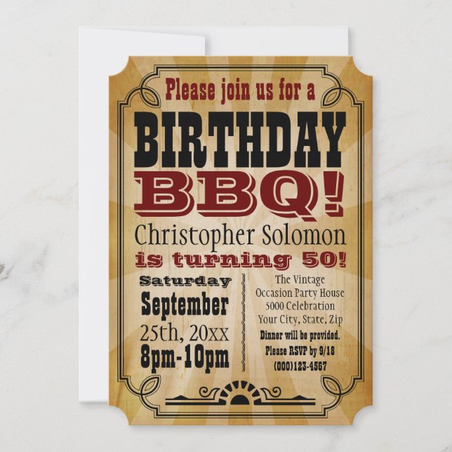 Invitación Fiesta de BBQ de cumpleaños de un país antiguo (Anverso)