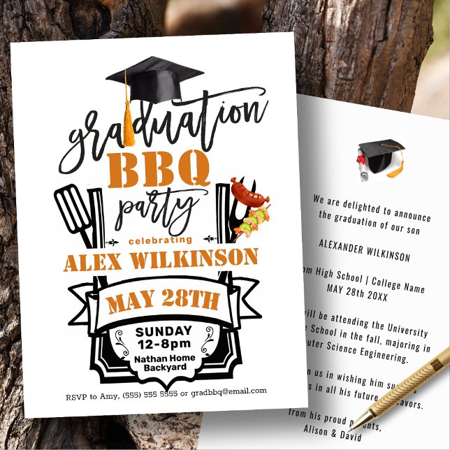 Invitación Fiesta de BBQ de Graduación de Guión Negro Moderno (Subido por el creador)