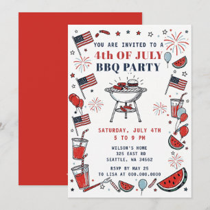 Invitación Fiesta de BBQ del 4 de julio dibujada a mano con g