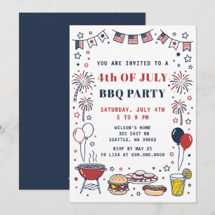 Invitación Fiesta de BBQ del 4 de julio dibujada a mano con g