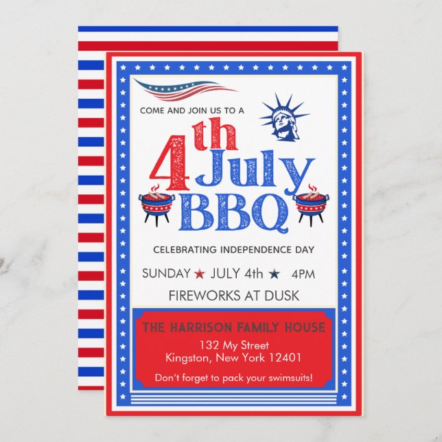 Invitación Fiesta de BBQ del 4 de Julio Rojo Blanco Azul Cele (Anverso / Reverso)