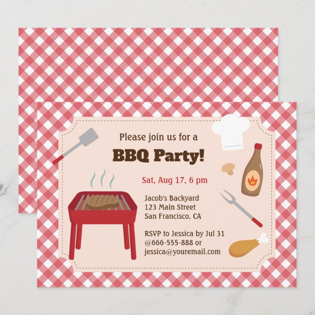 Invitación Fiesta de BBQ en el patio trasero con patrón de cu (Anverso / Reverso)