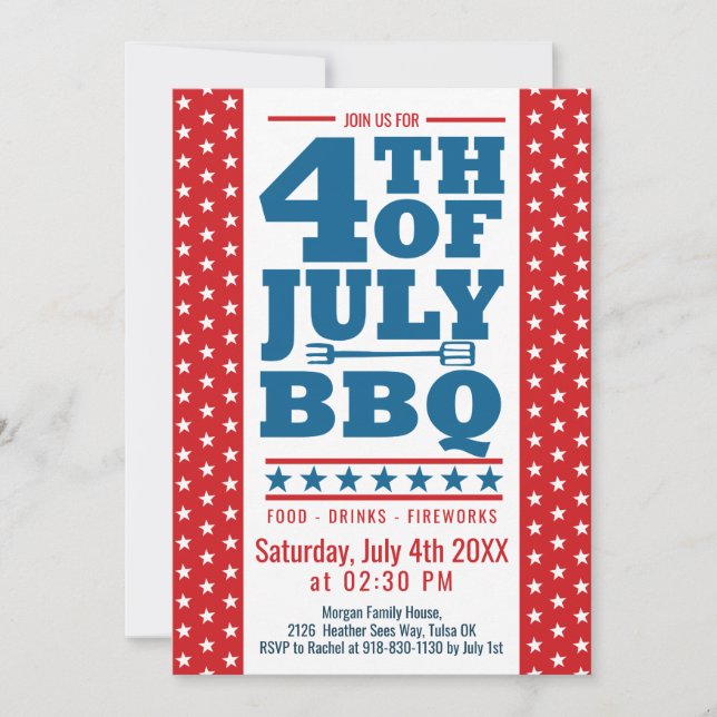 Invitación Fiesta de BBQ Rojo Azul Blanco Estrellas del 4 de  (Anverso)