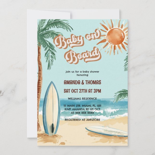 Invitación Fiesta de Bebé a Bordo de Surfboard (Anverso)