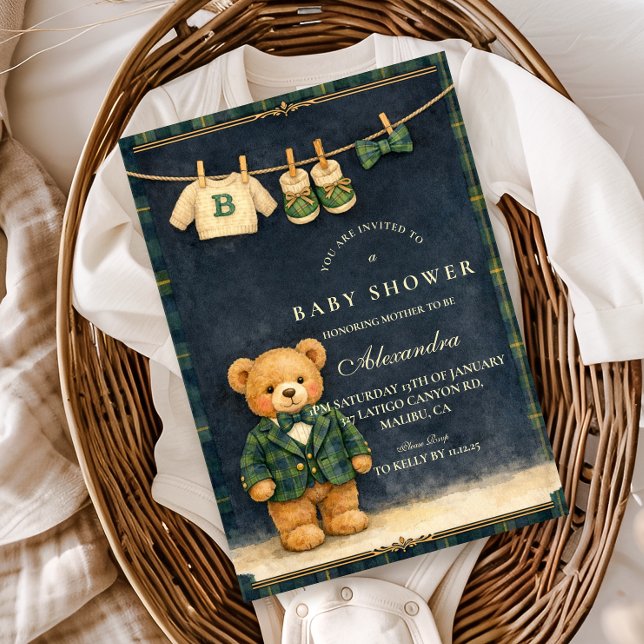 Invitación Fiesta de Bebé a Cuadros Oso Teddy Elegante (Subido por el creador)