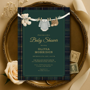 Invitación Fiesta de Bebé a Cuadros Teddy Bear Preppy Ropa