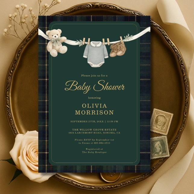 Invitación Fiesta de Bebé a Cuadros Teddy Bear Preppy Ropa (Subido por el creador)