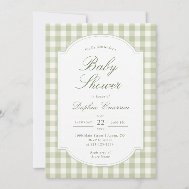 Invitación Fiesta de Bebé a Cuadros Verde Salvia (Anverso)