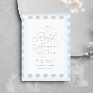 Invitación Fiesta de bebé a rayas azul y blanco preppy seersu