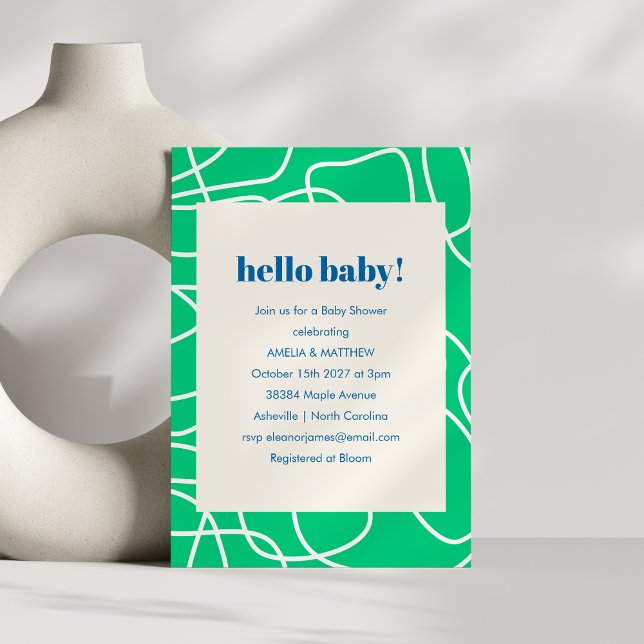 Invitación Fiesta de Bebé Abstracta Verde Azul Hola Moderna A (Subido por el creador)