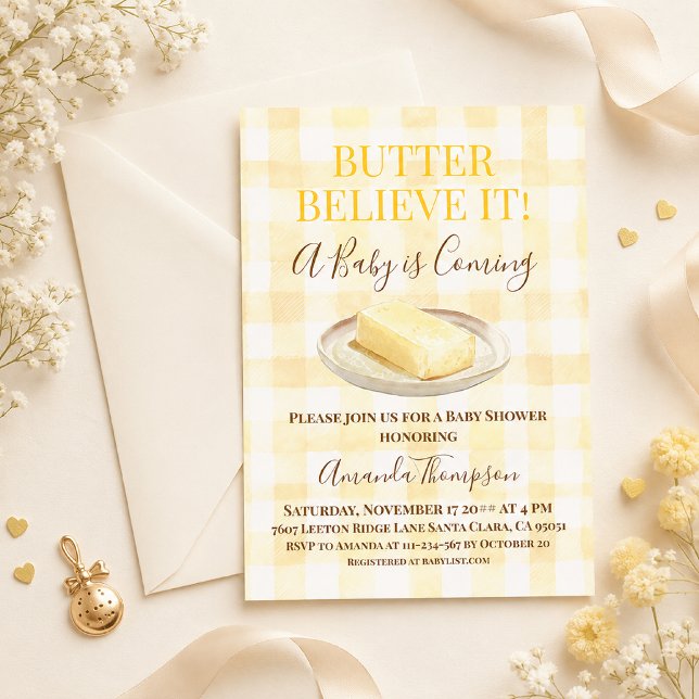 Invitación Fiesta de Bebé Amarillo Gingham Mantequilla Neutra (Subido por el creador)