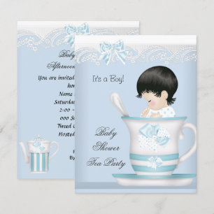 Invitación Fiesta de Bebé Antiguo Niño Azul Bebé en Taza de T