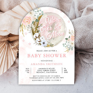 Invitación Fiesta de Bebé Arco Floral Rosa Sobre La Luna