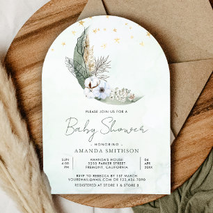 Invitación Fiesta de Bebé Arco Lunar Floral Boho Verde Salvia