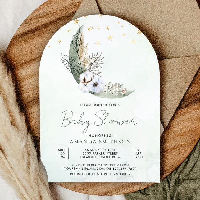 Invitación Fiesta de Bebé Arco Lunar Floral Boho Verde Salvia (Subido por el creador)