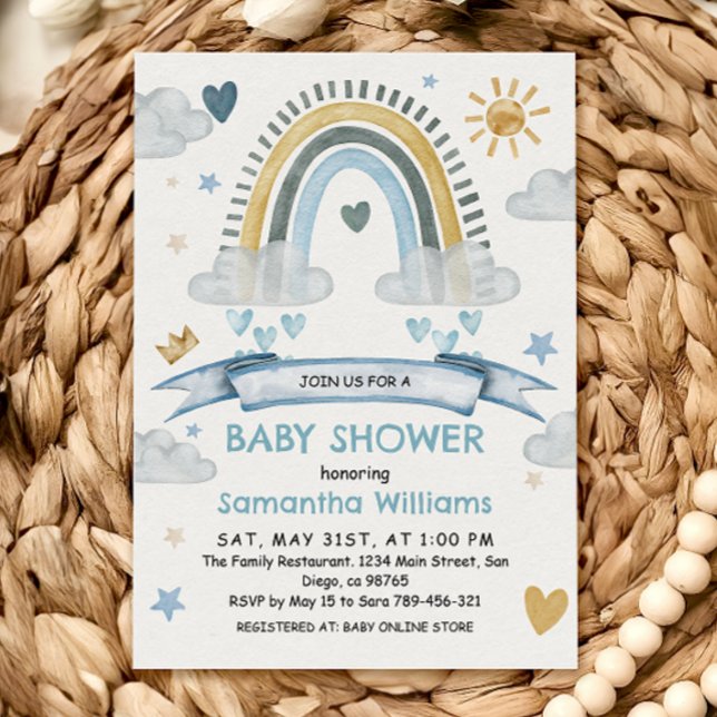 Invitación Fiesta de Bebé Arcoíris Acuarela Azul Boho (Subido por el creador)