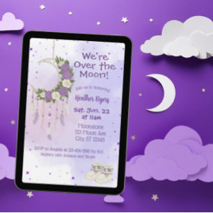 Invitación Fiesta de Bebé Atrapasueños Púrpura Sobre la Luna