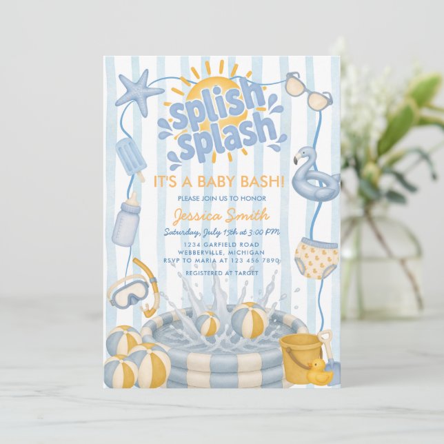 Invitación Fiesta de bebé azul de verano en la piscina Splish (Anverso de pie)