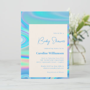 Invitación Fiesta de Bebé Azul Iridescente Abstracto Retro Ún