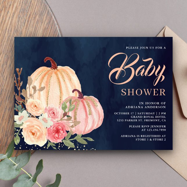 Invitación Fiesta de Bebé Azul Marino Floral Rosa Melocotón C (Subido por el creador)