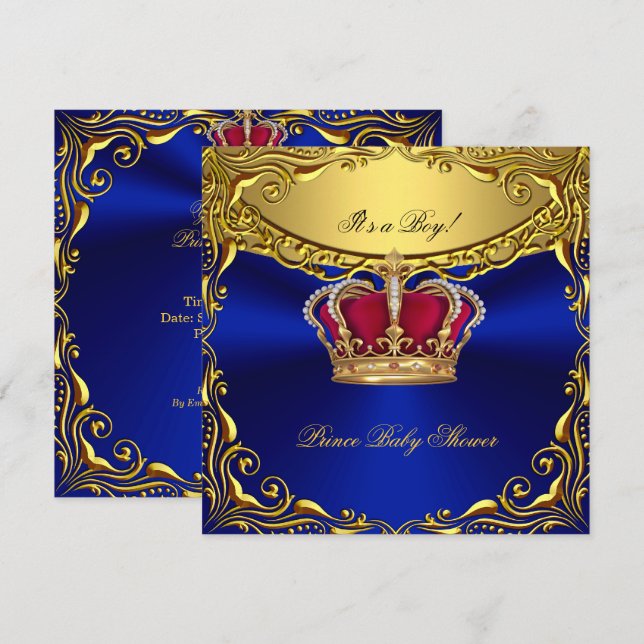 Invitación Fiesta de Bebé Azul Real Príncipe Bebé Azul Regal  (Anverso / Reverso)