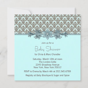 Invitación Fiesta de Bebé Azul Turquesa Marrón Damask