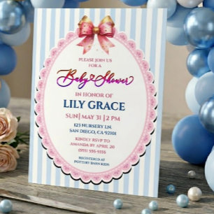 Invitación Fiesta de Bebé Azul y Blanco con Lazo de Cinta Ros